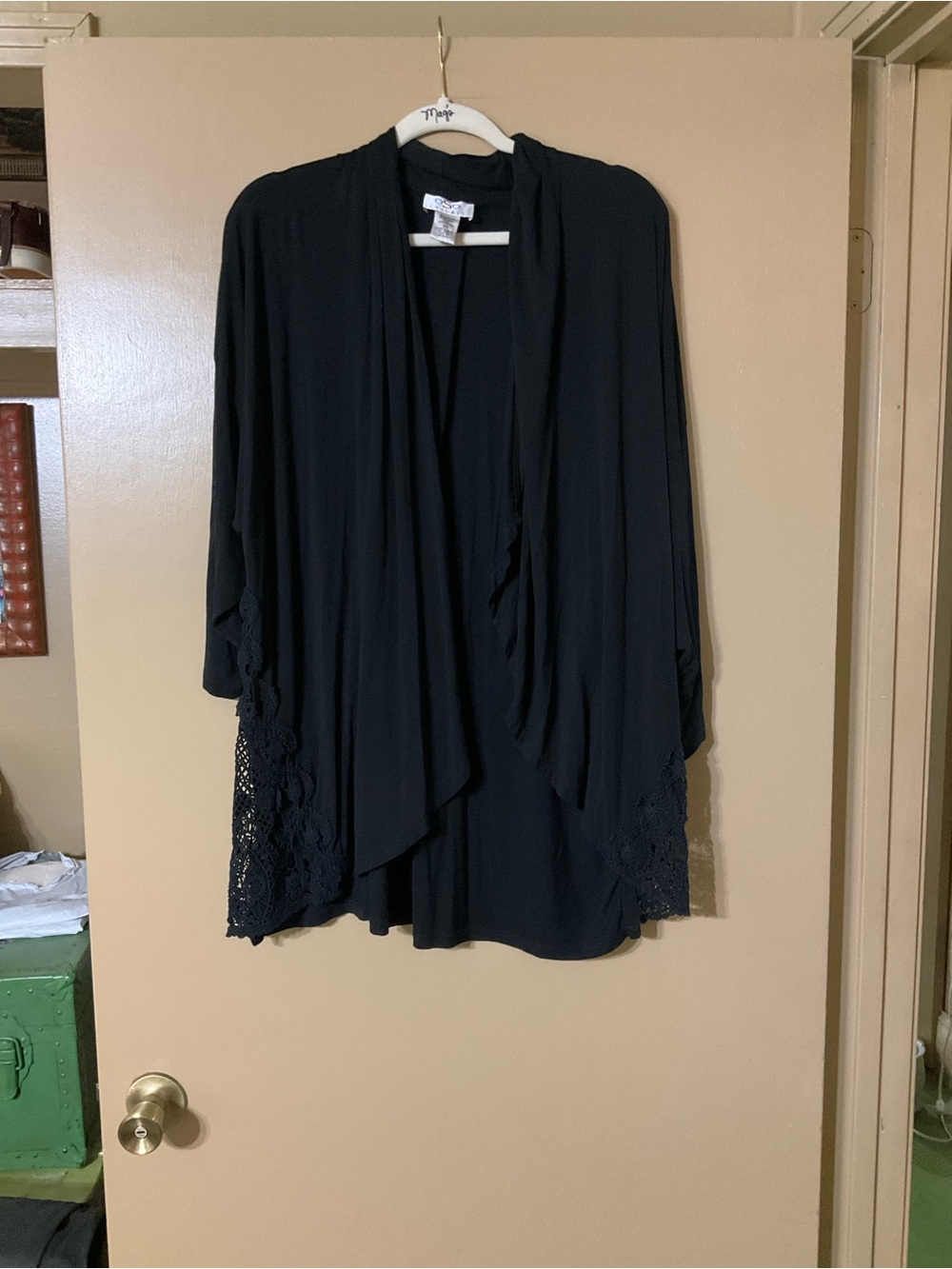 Women's OSO Black Lace Crochet Open Front Draped Cardigan